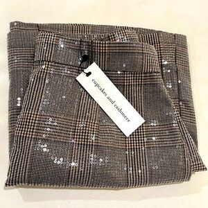 NWT Cupcakes grid print plaid skirt sequin bling tan brown mini skirt size 0 - 2